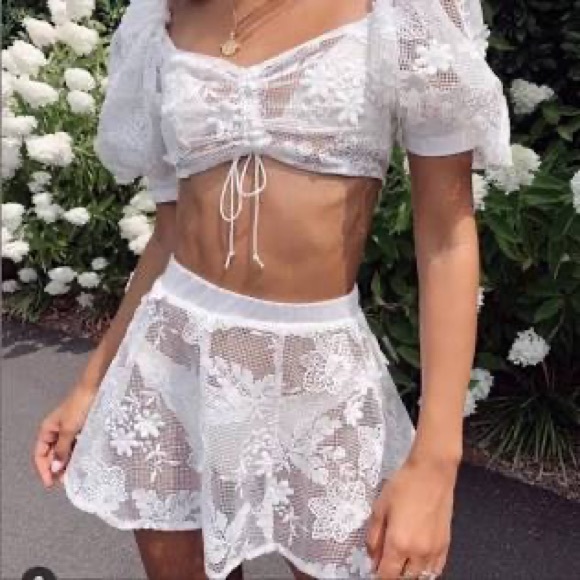 For Love And Lemons Dresses & Skirts - For Love & Lemons White Floral Lace SKIRT AND Puff Sleeve CROP TOP SET